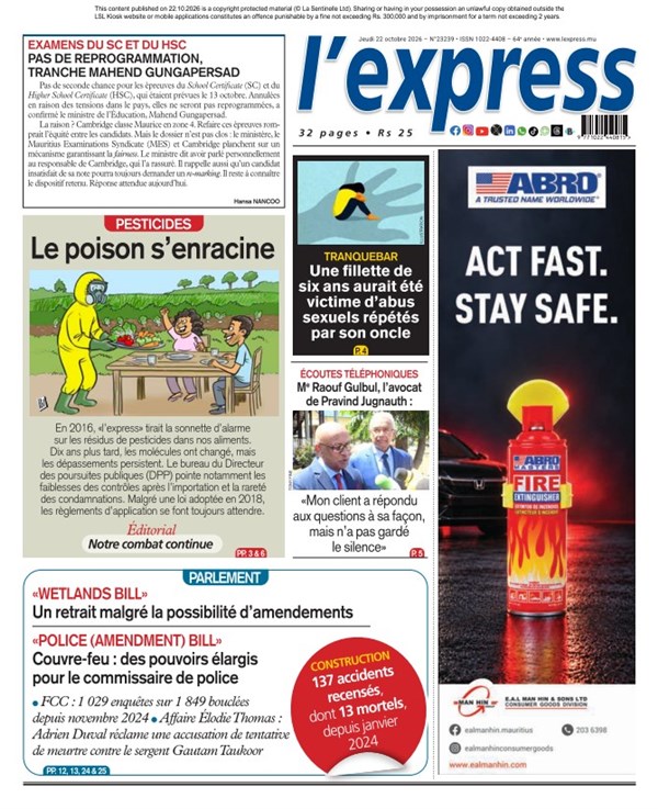 La une de l'express du Jeudi 22 octobre 2026