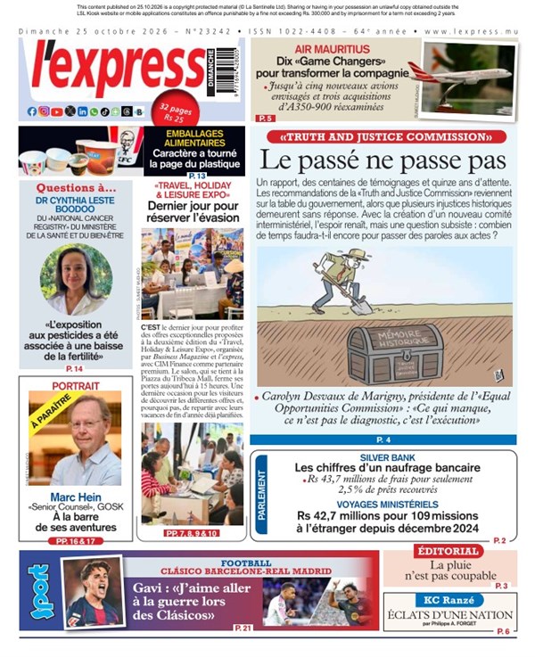 La une de l'express du Dimanche 25 octobre 2026