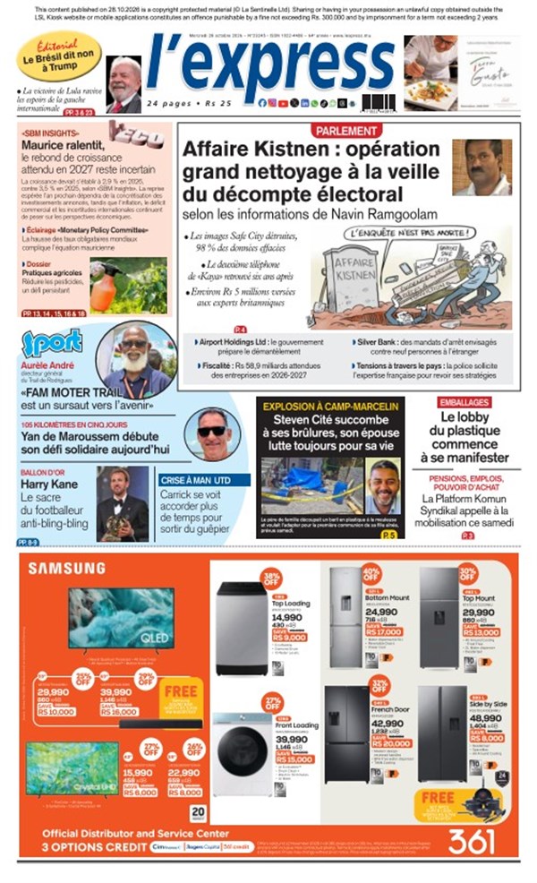 La une de l'express du Mercredi 28 octobre 2026