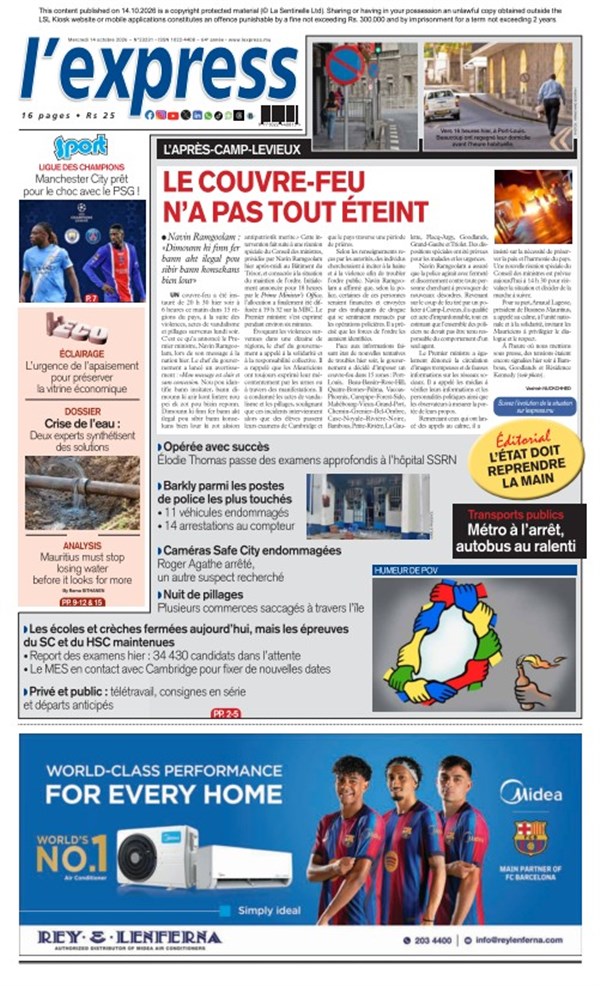La une de l'express du Mercredi 14 octobre 2026