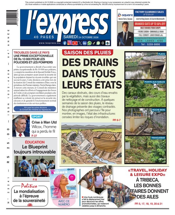 La une de l'express du Samedi 24 octobre 2026