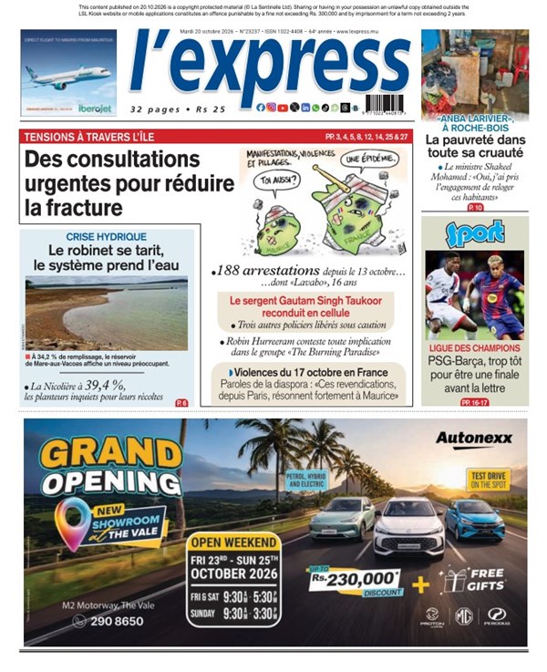 La une de l'express du Mardi 20 octobre 2026