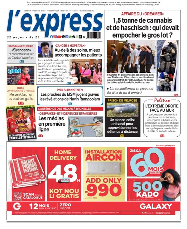 La une de l'express du Vendredi 30 octobre 2026