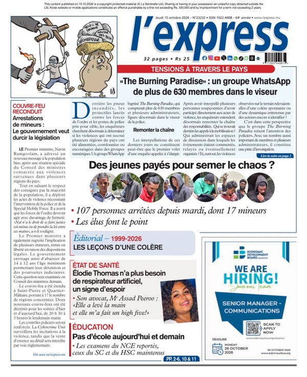 La une de l'express du Jeudi 15 octobre 2026