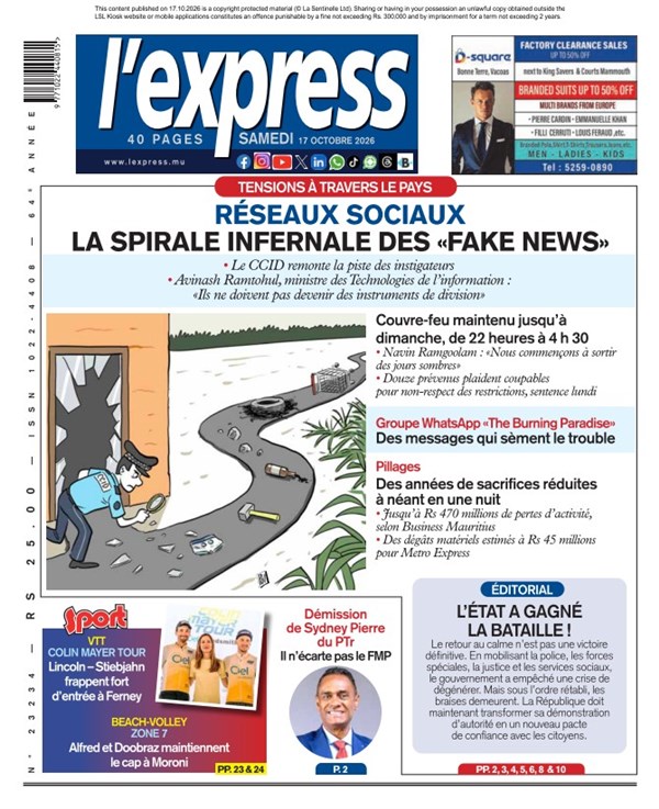 La une de l'express du Samedi 17 octobre 2026