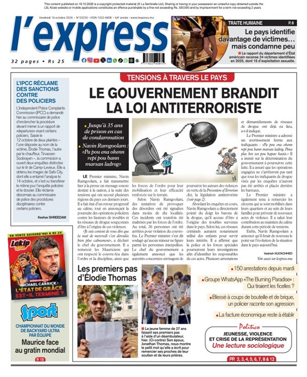 La une de l'express du Vendredi 16 octobre 2026