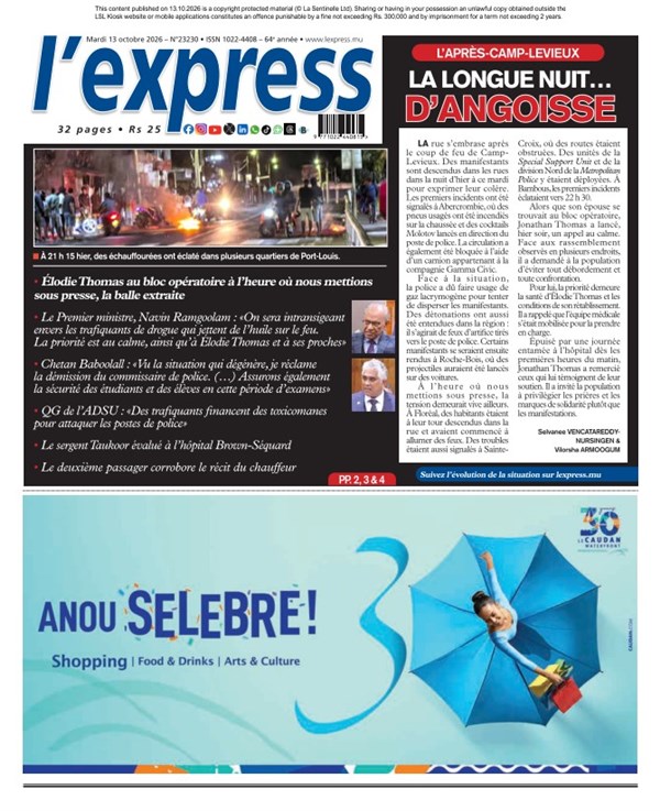 La une de l'express du Mardi 13 octobre 2026