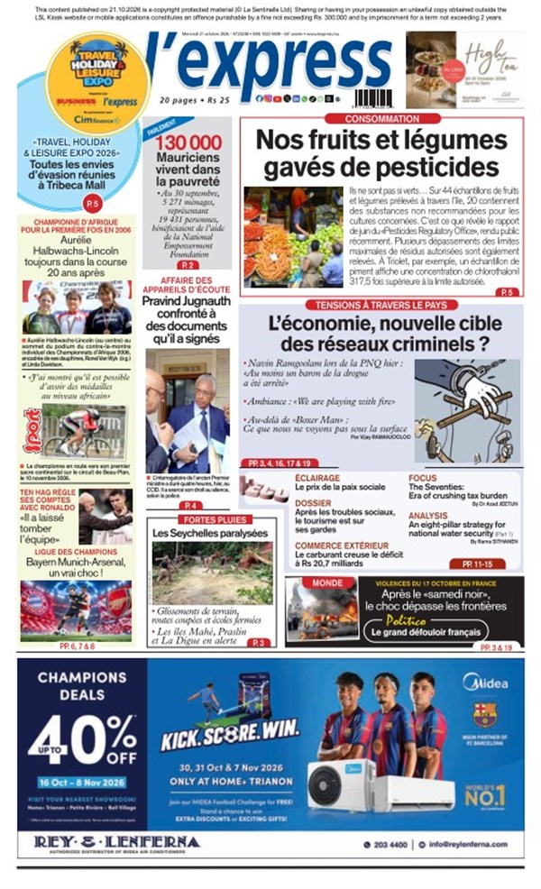 La une de l'express du Mercredi 21 octobre 2026
