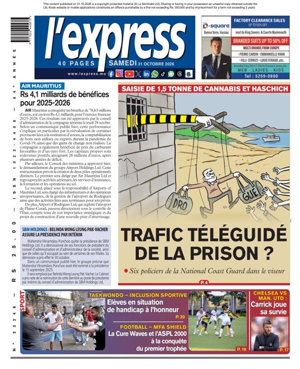 La une de l'express du Samedi 31 octobre 2026
