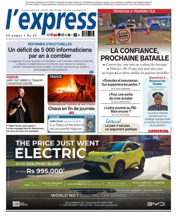 La une de l'express du Lundi 19 octobre 2026